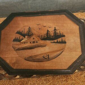 1 pc Vintage 3-D Wood Carving Quebec Folk Art cabin, river trees mountains geese